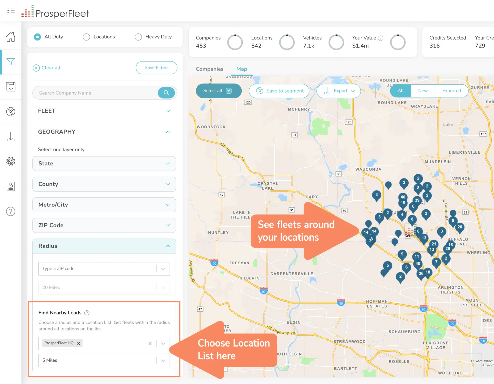 Nearby Leads Select Location List and Radius